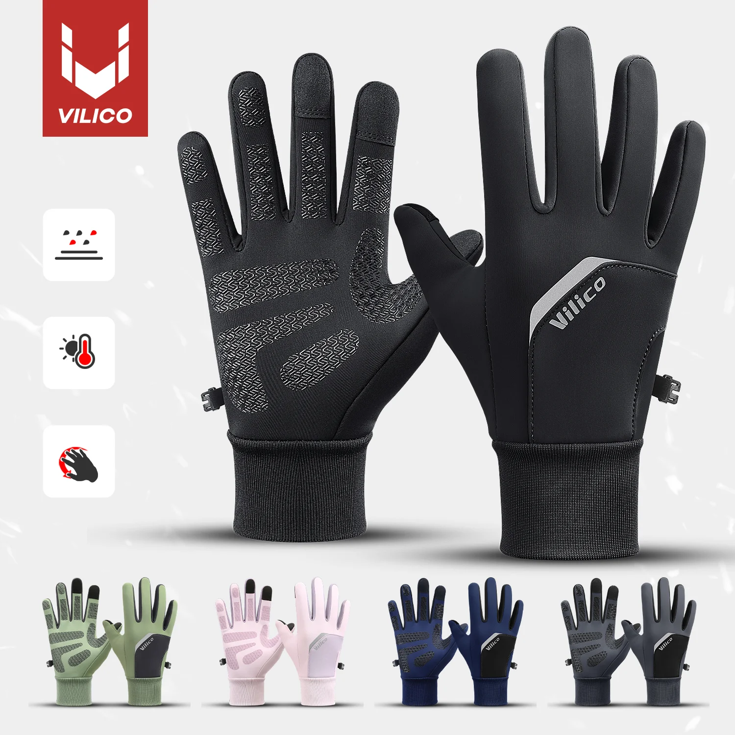 1 Paar VILICO Winterhandschuhe Touchscreen-fähig Winddicht Wasserabweisend Silikon Rutschfest Verstellbarer Handgelenkriemen für Männer Frauen Outdoor