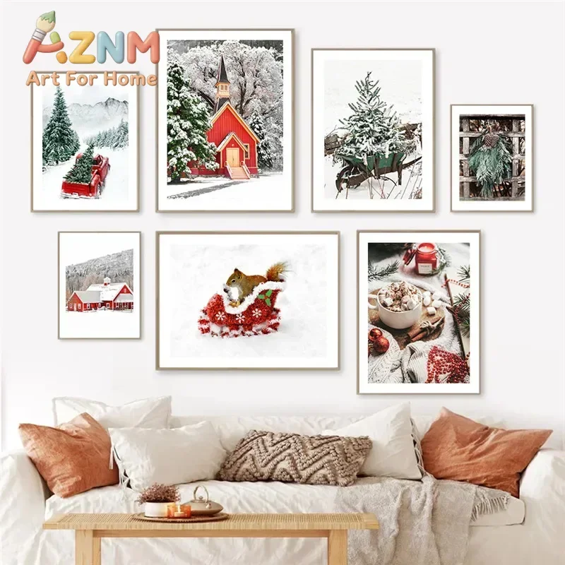 AZNM Rustic Christmas Winter Snow Scene Canvas Print Set Unframed Red House Truck Squirrel Hot Cocoa Poster Farmhouse Holiday Wa