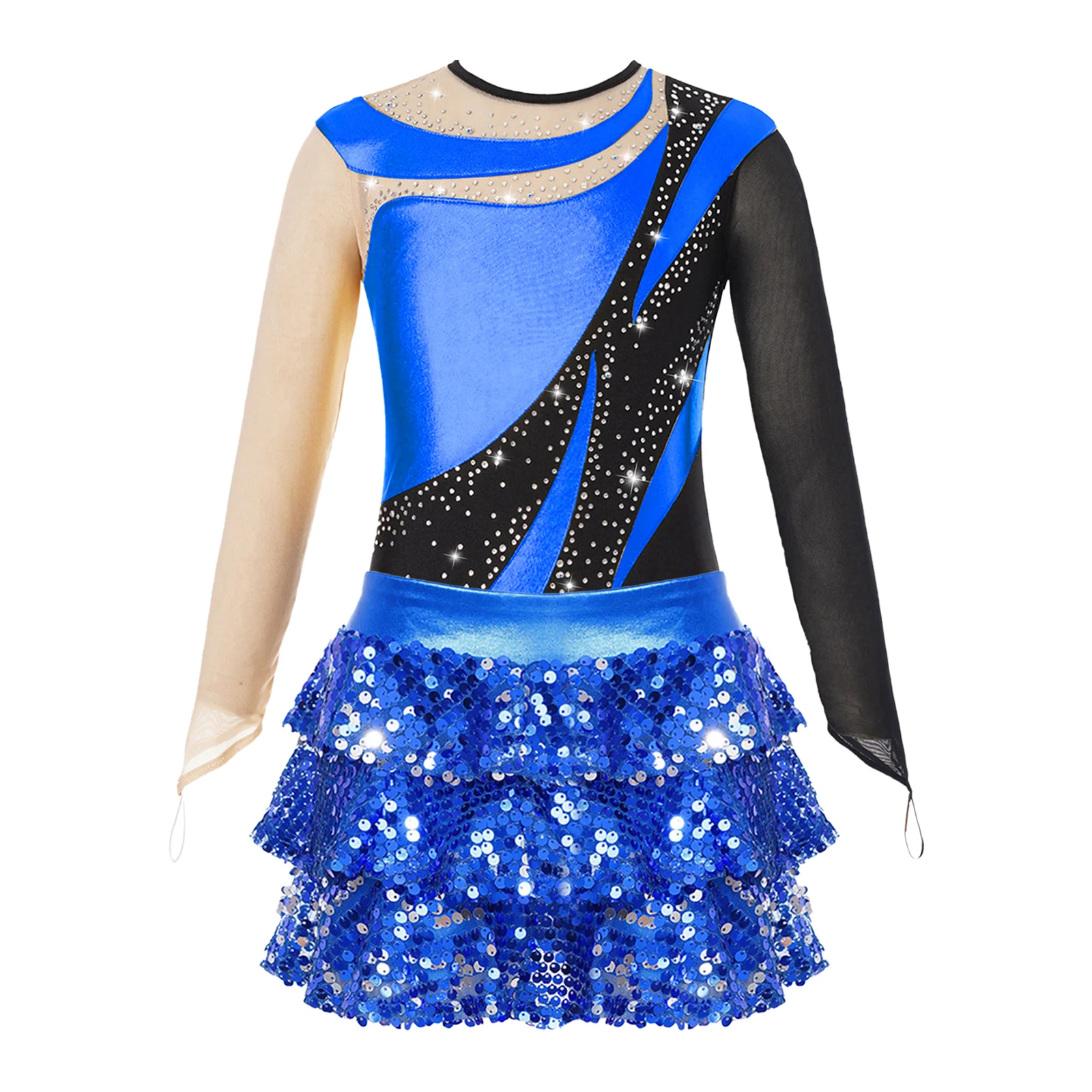 Kids Girls Long Sleeve Gymnastics Leotard with Shiny Sequins Skirted Shorts Teens Figure Skating Jumpsuit Ballet Dance Outfits