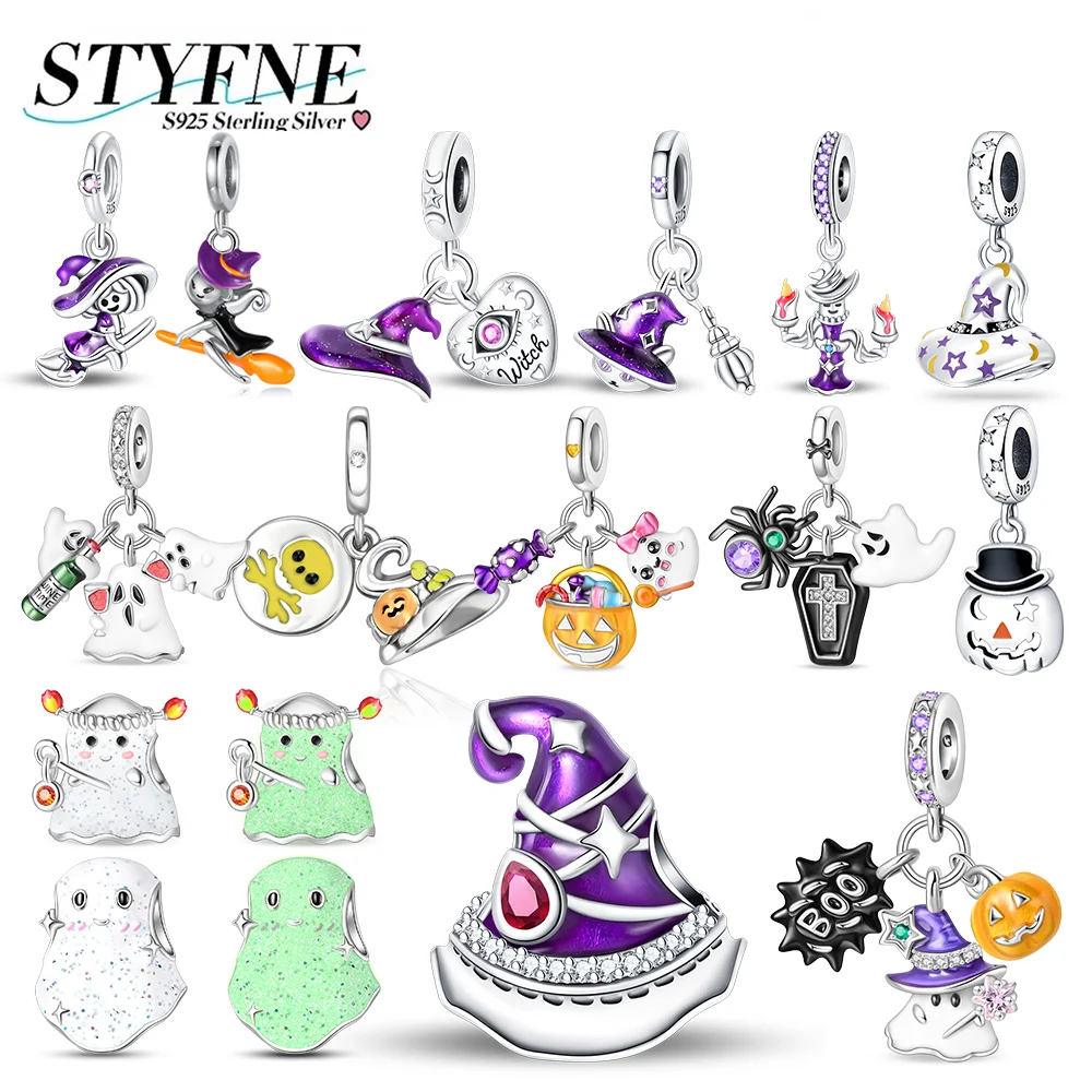 925 Silver Charms Ghost Flying Little Witch Little Ghost Elf Hollow Pumpkin Beads Pendants Fit Original Bracelet Jewelry Gift