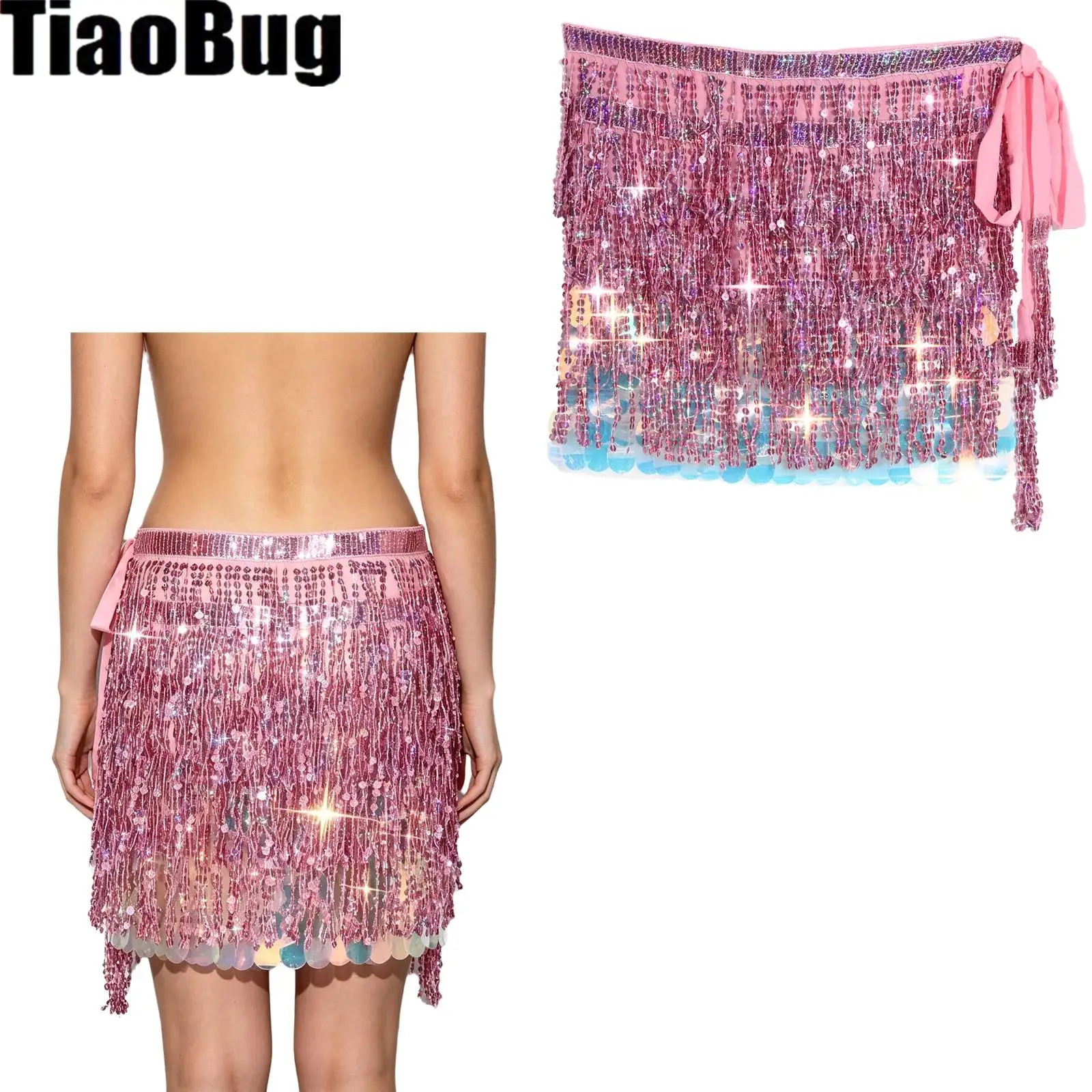 Women Sequin Fringe Dance Skirt Sparkly Tassel Hip Scarf Wrap Adjustable Mini Skirt for Belly Stage Performance Club