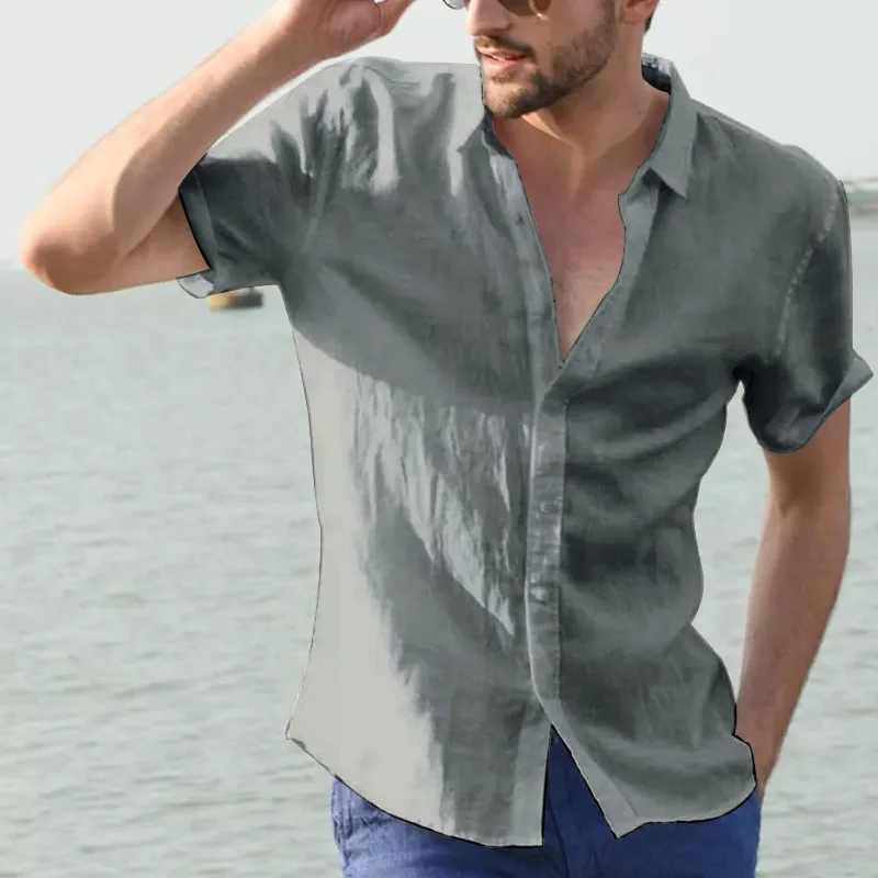 Camisa de algodão de manga curta para homens, casual e moda, cor sólida, single-breasted, lapela, novo design de verão