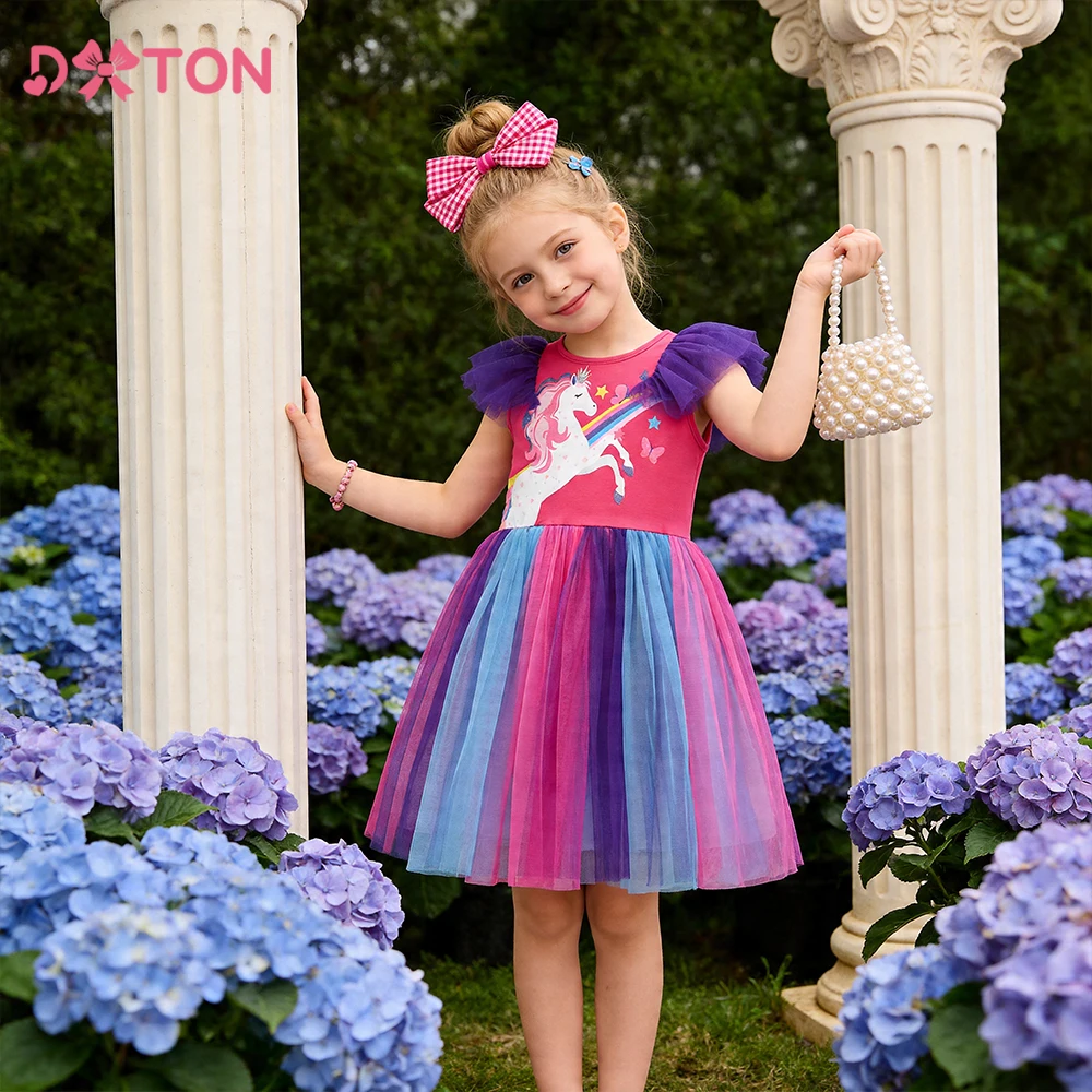 DXTON Sommerkleid für Kinder, bunt, Netzstoff, Patchwork, Mädchen-Prinzessinnenkleid, Tüll, ärmellos, Einhorn-Kleinkindkleid