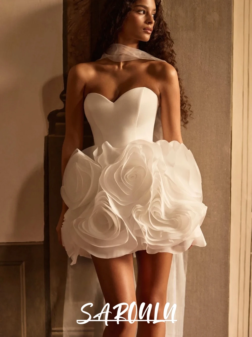 Short Elopement Civil Wedding Dress With Scarf Dreamy Sweetheart Neck Satin Bodice 3D Rose Ruffle Mini Bridal Dress Customized