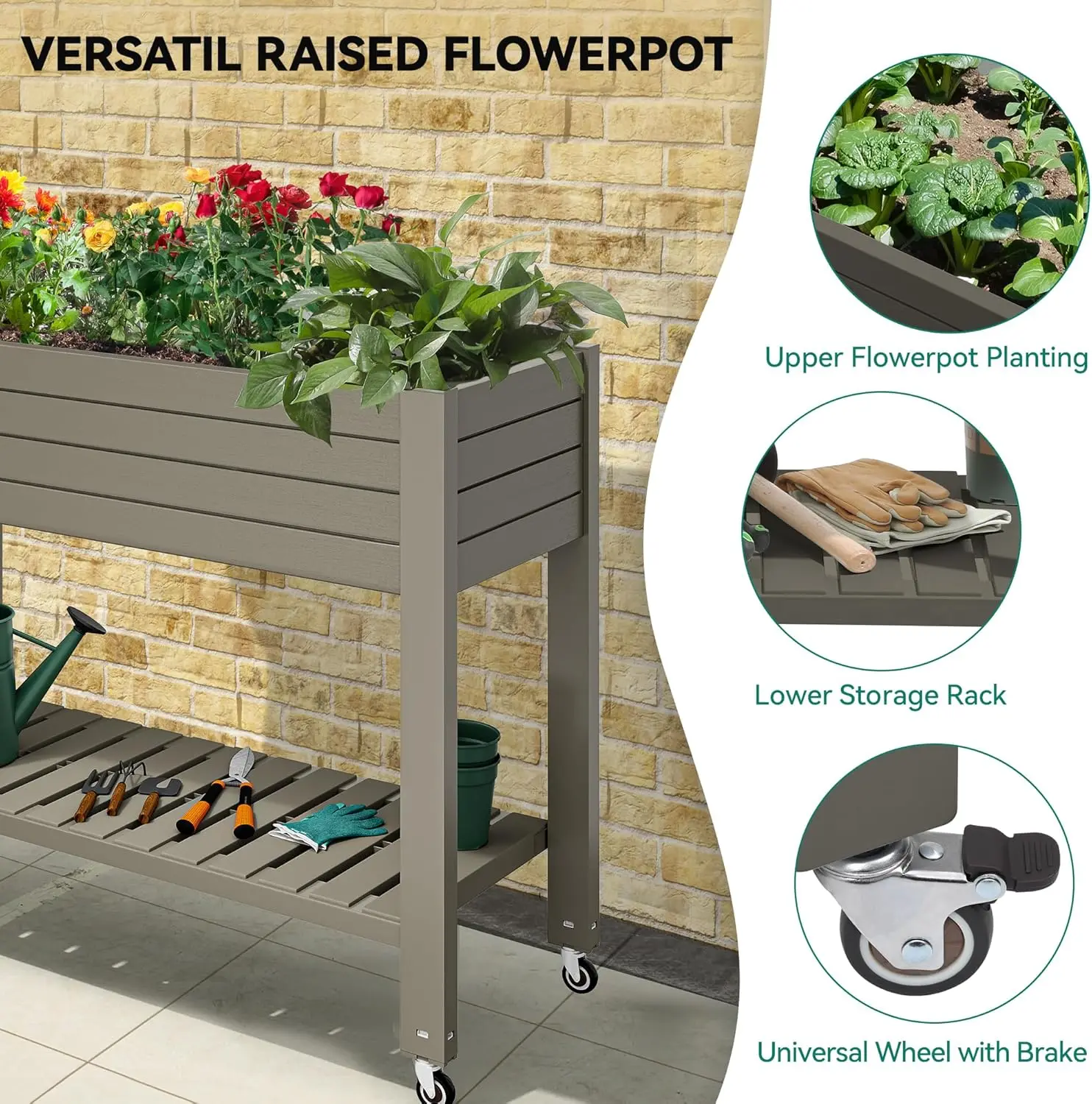 Outdoor Garden Use, Plastic Planter Box in Light Brown with Wheels, Legs, Drain Plug and Storage Shelf