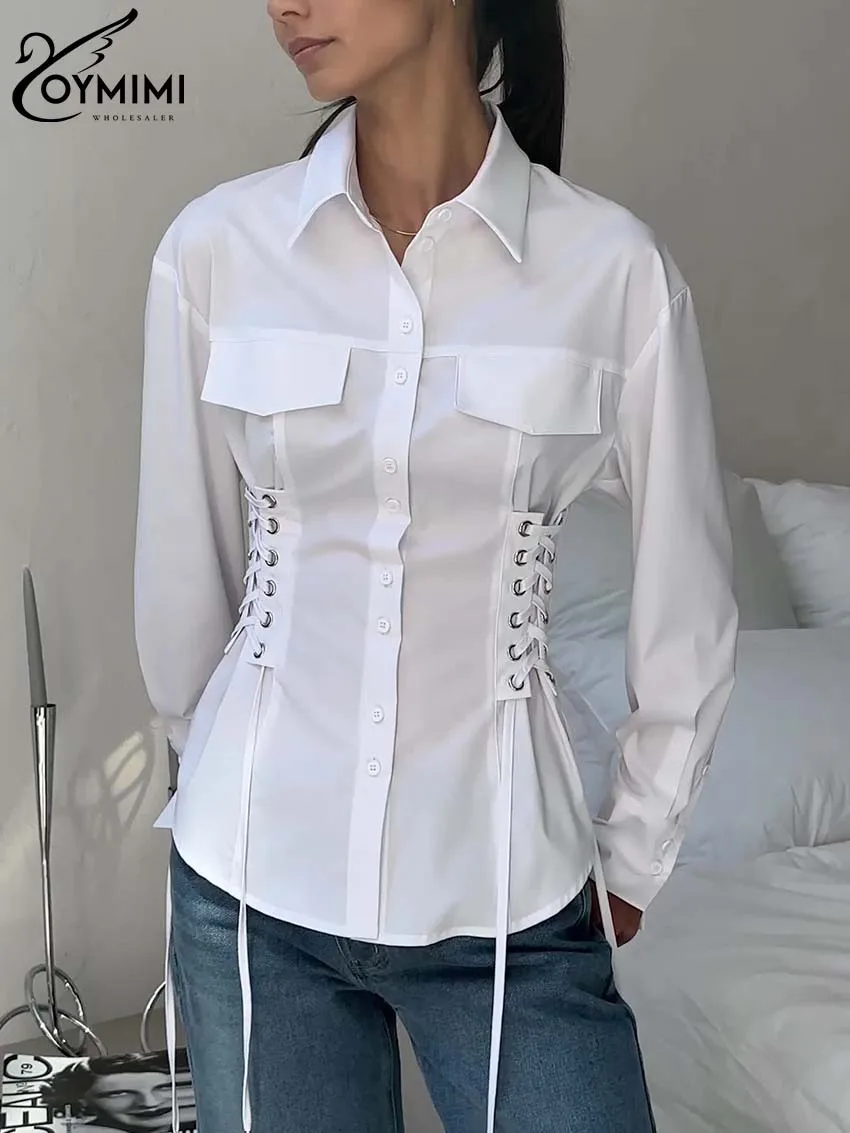 Oymimi Casual White Bandage Women\'s Shirt Elegant Long Sleeve Pockets Blouses Streetwear Fashion Solid Single-Breasted Shirts