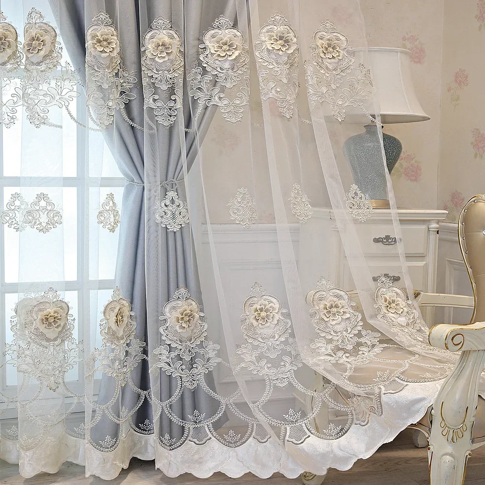 

European Embroidered White Tulle Curtains for Living Room Bedroom Window Blackout Screens Atmospheric Relief Decor