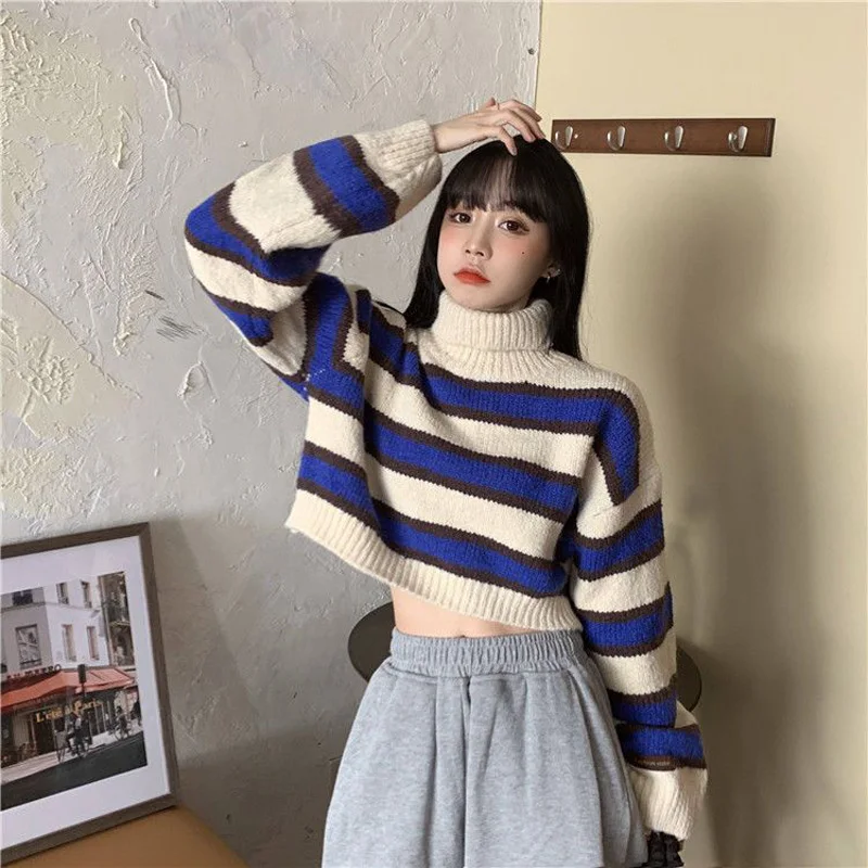 MEXZT Sweater Women Sexy Cropped Turtleneck Striped Pullovers Streetwear Korean Loose Long Sleeve Knitted Sweater Chic Lady Tops