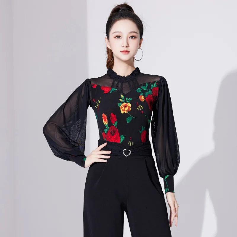 

Mesh Patchwork Latin Dance Practice Suit Ballroom Belly Costume Long Sleeves Top Women Waltz Classical Line New Printing Shirt