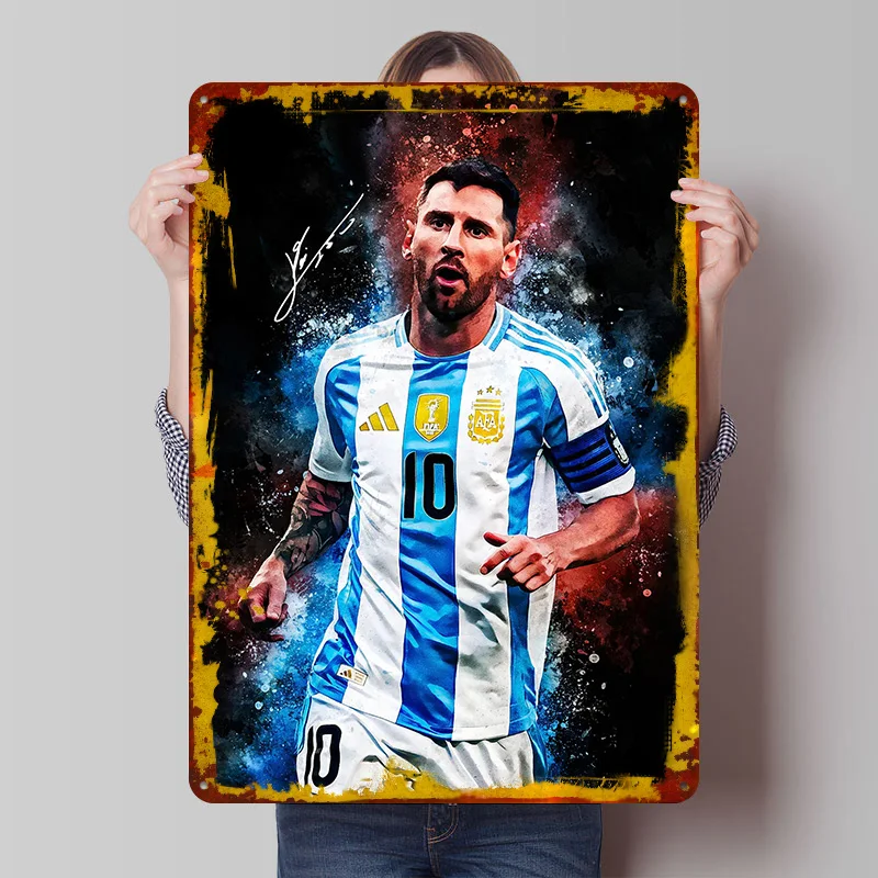 Lionel Messi Portrait With Signature Printing Poster Customized Retro Wall Art Vintage Metal Signs for Fans Mancave Decoration