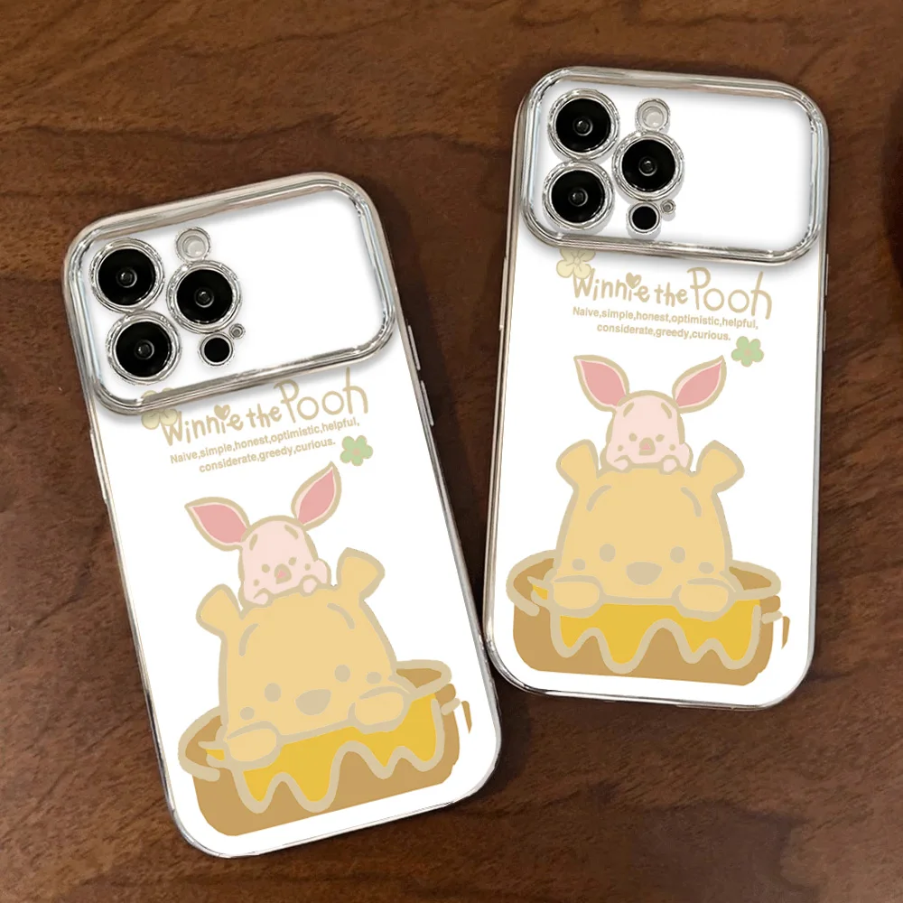 MINISO Winnie The Pooh Honey Piglet Phone Case For Samsung Electroplated Large Window LensA22 A23 A32 A51 A20 4G 5G Shell