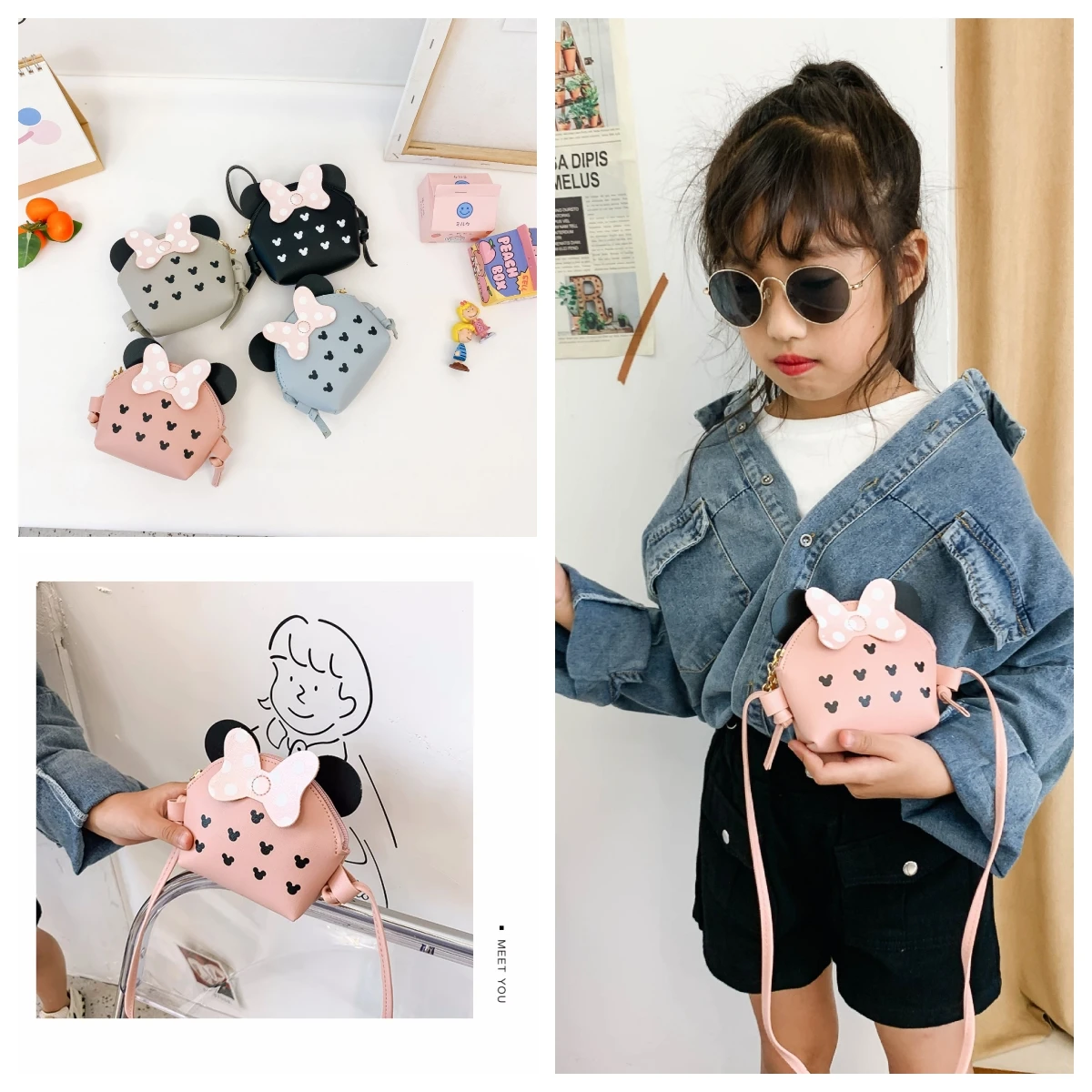 Monedero de princesa Kawaii para niña, bolso cruzado, billetera para niños, monedero con lazo de dibujos animados, bolsos laterales para niños, bolso de hombro con lazo