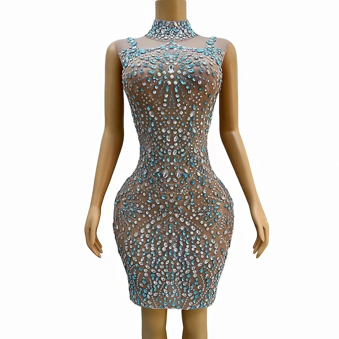 

Silver Blue Rhinestones Nude Transparent Sexy Dress Sleeveless Evening Birthday Celebrate Costume Dance Party Clothing huajia