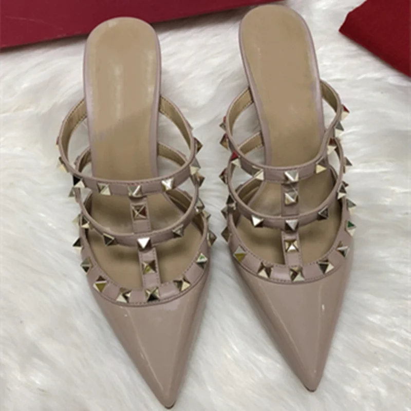 Lady amerykańskie i brytyjskie style złote ćwieki 6cm slajdy matowe/lakierowane skórzane kapcie Pointy Toe pompy modne szpilki niebieskie