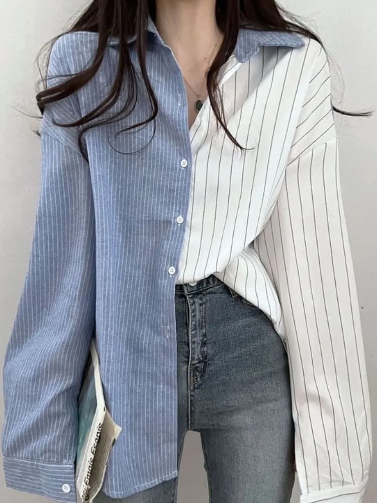 Retro Color Block Striped Shirt Women Loose Casual High End Feeling Early Autumn New Style Korean Style Anti Aging Top