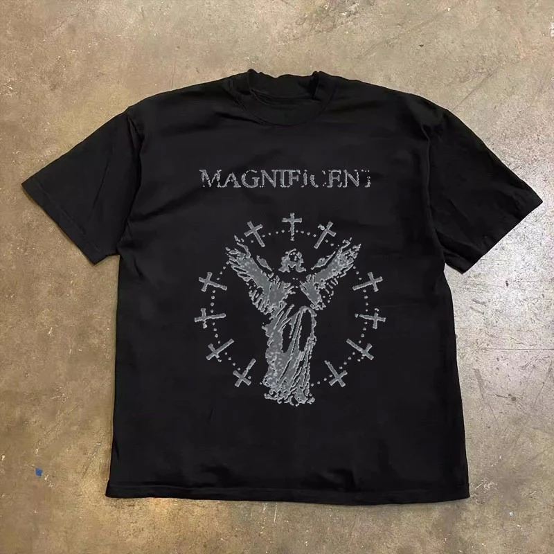 2026 New Vintage Angel Cross Graphic Cotton T Shirt Gothic Street Short Sleeve Top