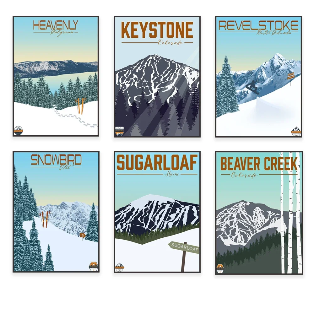 Maine, New York Hunter Mountain, Snowbird Utah, Colorado Beaver Creek, Arapahoe Basin, Whistler-Blackcomb Ski Area Posters