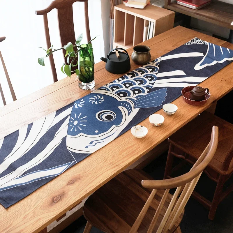 Cotton and Linen Table Runner Japanese Style Blue Koi Fish Tablecloth Japanese Tea Ceremony Accessories