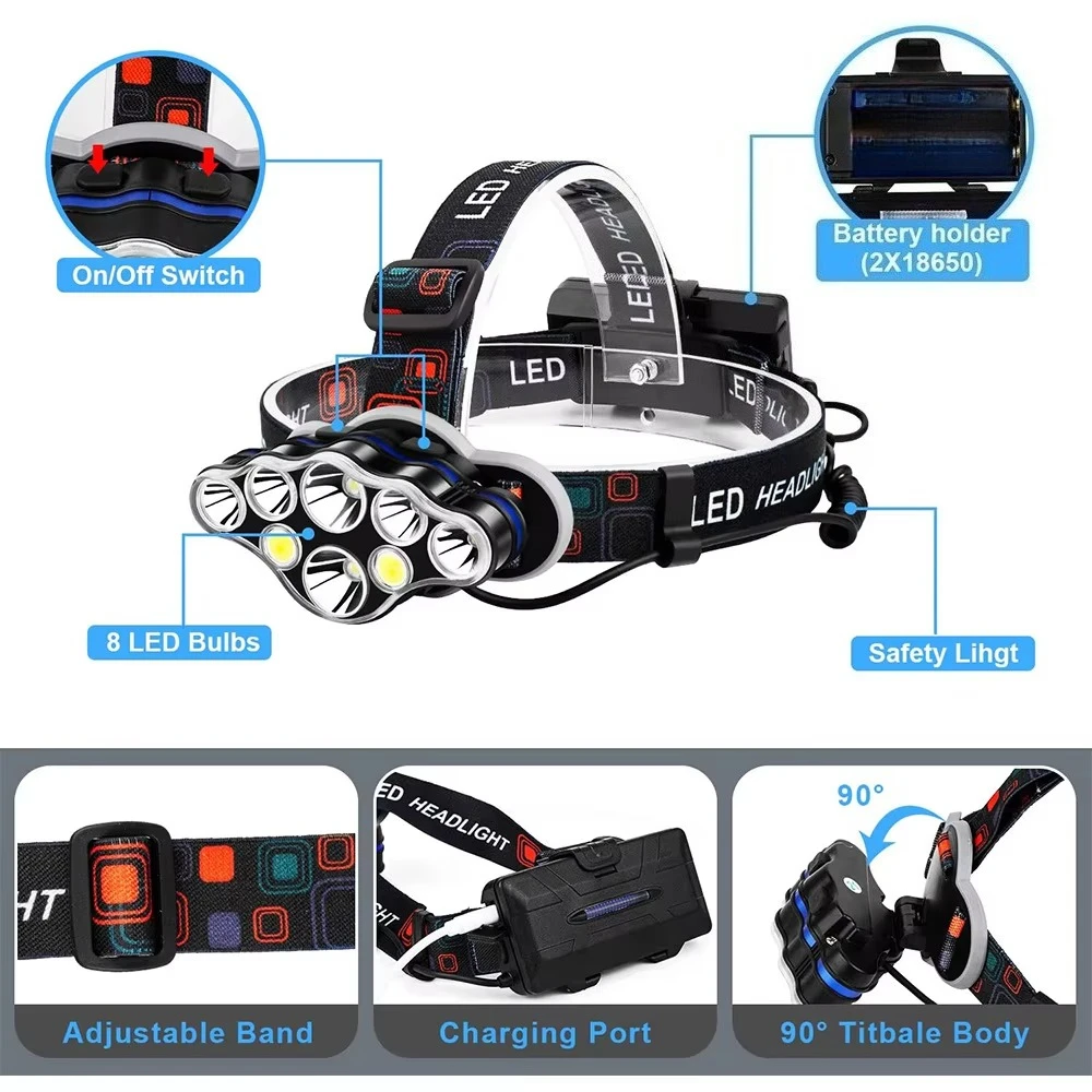 مصباح أمامي T6 LED متعدد الوظائف للتخييم في الهواء الطلق والصيد الليلي مقاوم للماء وشحن USB مصباح أمامي قوي COB