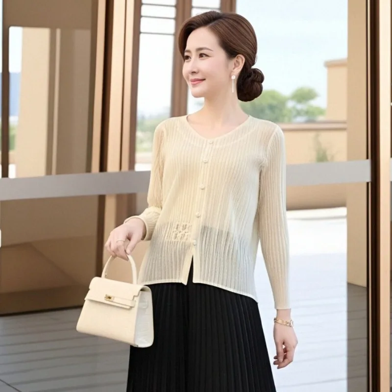 

Miyake Pleated Plisse Shirt Round Neck Women 2026 Spring Thin Section Loose Thin Miyake Fold Top Sunscreen Outer Cardigan Pleats