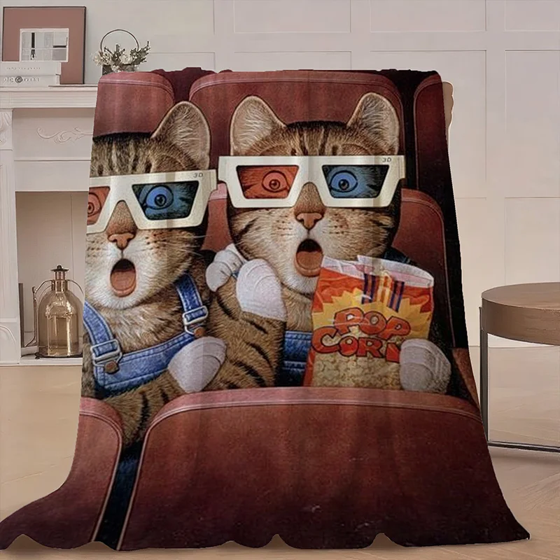 Two Cats Watching a Movie Flannel Blanket | Ideal for Home Party, Bedroom Decor, Gift for Christmas, Valentine's, Weddings