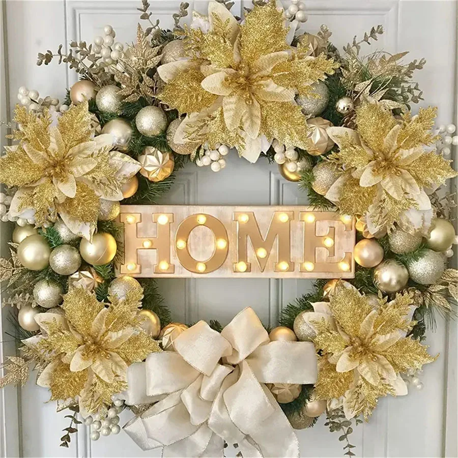 10 Stück 14cm Glitzer-Weihnachtssterne Künstliche Blumen mit Clips DIY Weihnachtsbaum-Ornamente Kranz Kamin-Dekorationen – Detail 9
