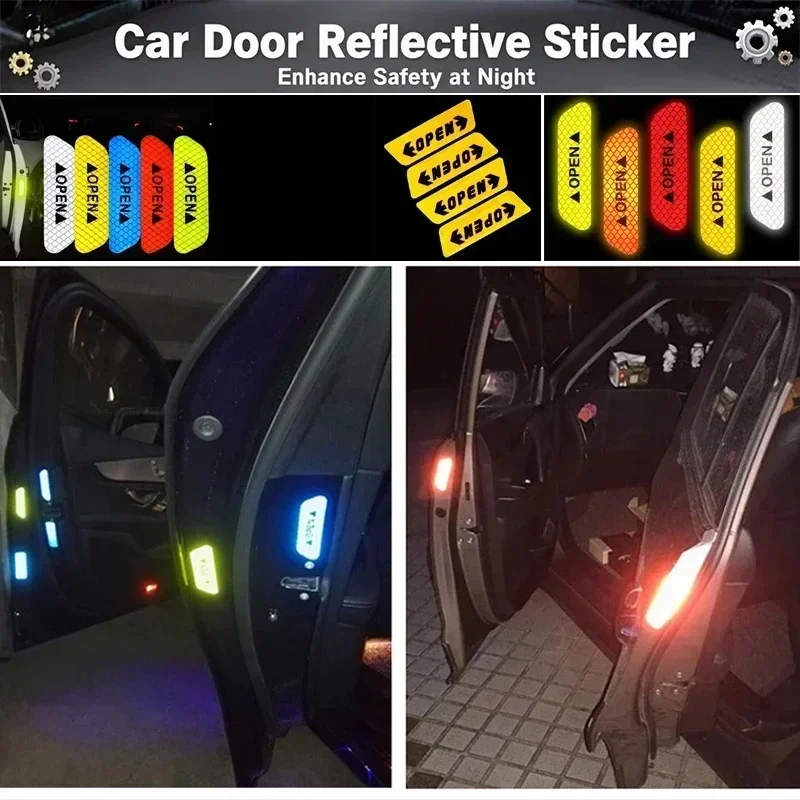 Car Door Edge Reflective OPEN Stickers Anti-Collision Warning Tape Safety Decals Night Driving Car Accessories Universal 4PCS