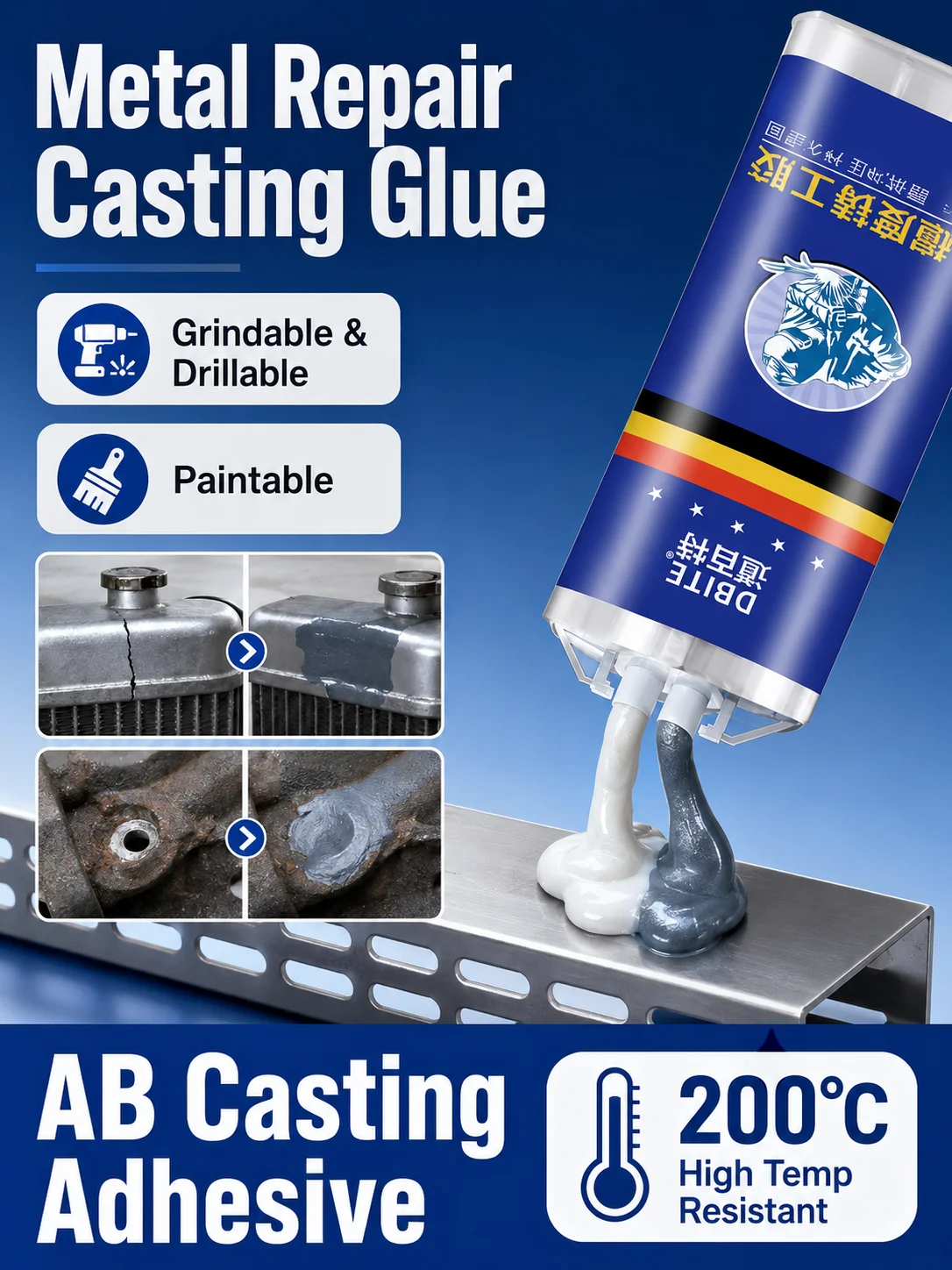 AB Casting Adhesive High Strength Metal Repair Glue 200℃ High Temp Resistant Epoxy Sealant Cast Iron Aluminum Radiator Repair