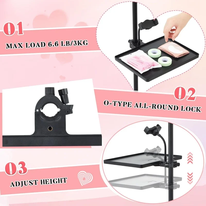 حامل صينية الرموش قابل للتعديل للضوء الدائري - حامل منظم بمشبك مع حامل هاتف لإكسسوارات التجميل لتمديد الرموش