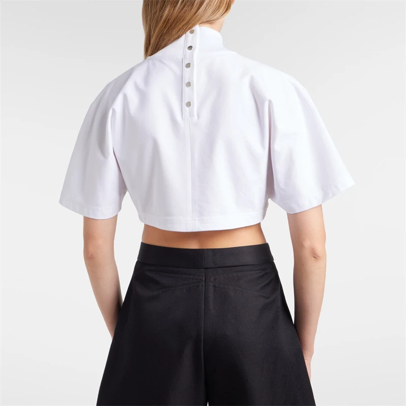 Summer New High-Quality Y2K Women's Fashion Short T-Shirt with Button Decoration And Belly Baring Cuffed Collar Street Style Top