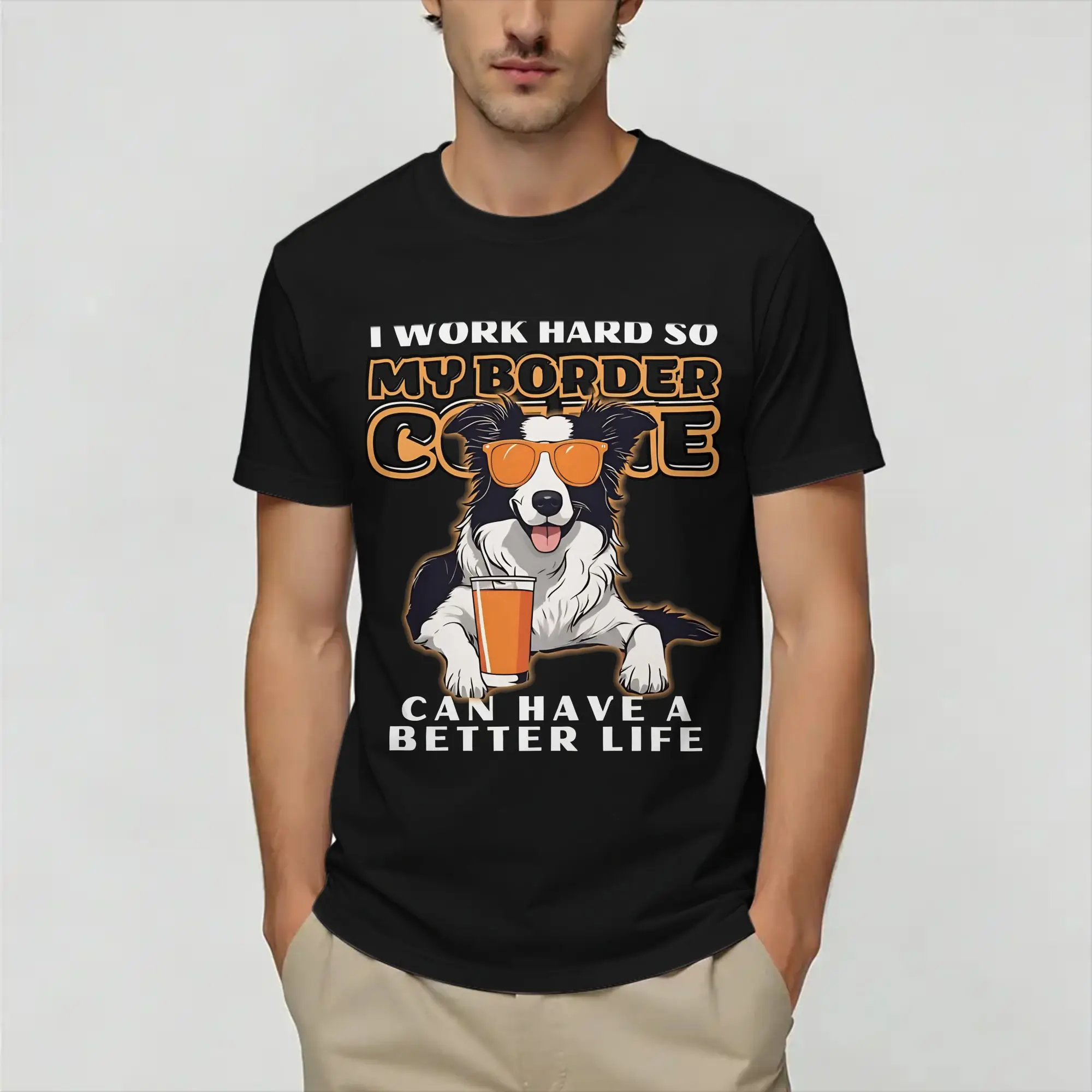 Border Collie Drinking Beer Funny Dog   T-Shirt Men  Vintage 100% Cotton Tee Shirt Crewneck Short Sleeve T Shirts Plus Size Tops