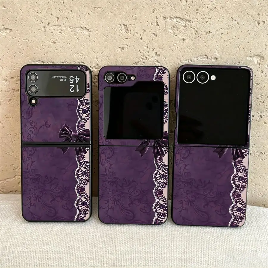 Case for Samsung Galaxy Flip5 Z Flip 7 6 5 4 3 Flip3 Flip4 Flip6 Flip7 FE Back Phone Cover Funda Purple Rose Lace Bow