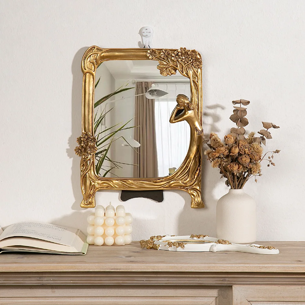 European Light Luxury Resin Embossed Gold Maid Mirror Makeup Mirror Retro Resin Take A Picture Props Girl Dressing Mirror