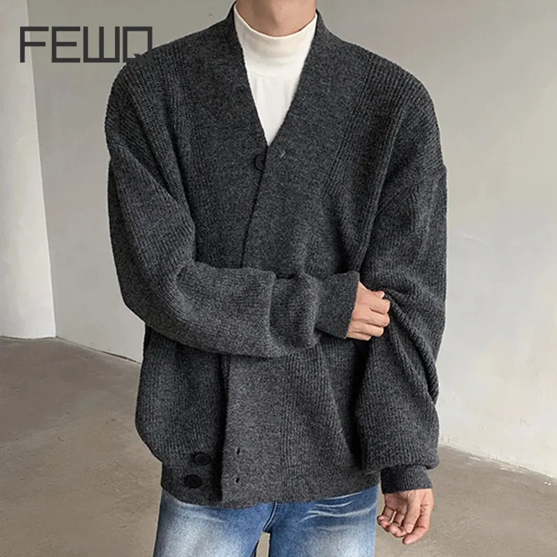 FEWQ Autumn American Style Cardigan Hoodie Jacket Vintage 2024 Solid Color V-neck Long Sleeve Male Tops New Fashion 24E2835