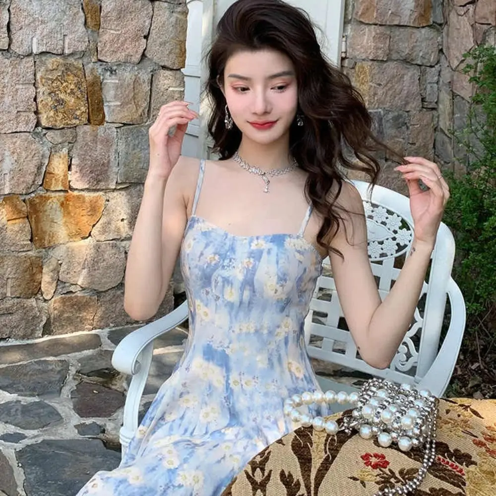 Slim Fit French Blue Oil Painting Slip Dress Spaghetti Strap Beach Vacation Women's Floral Long Skirt Waist-Cinching