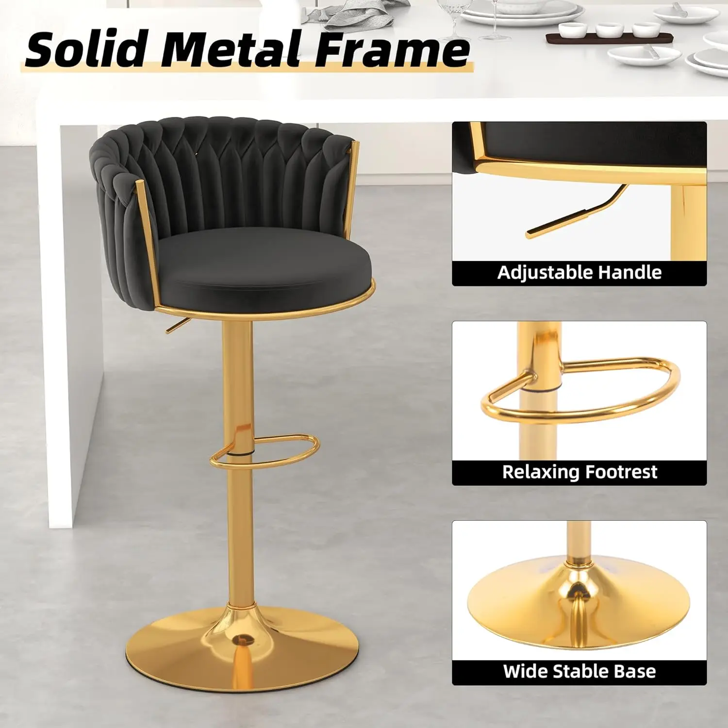 Gold Bar Stools Set of 6, Modern Adjustable Bar Height Barstools, Velvet Swivel Bar Chairs with Woven Backrest, Metal Footrest