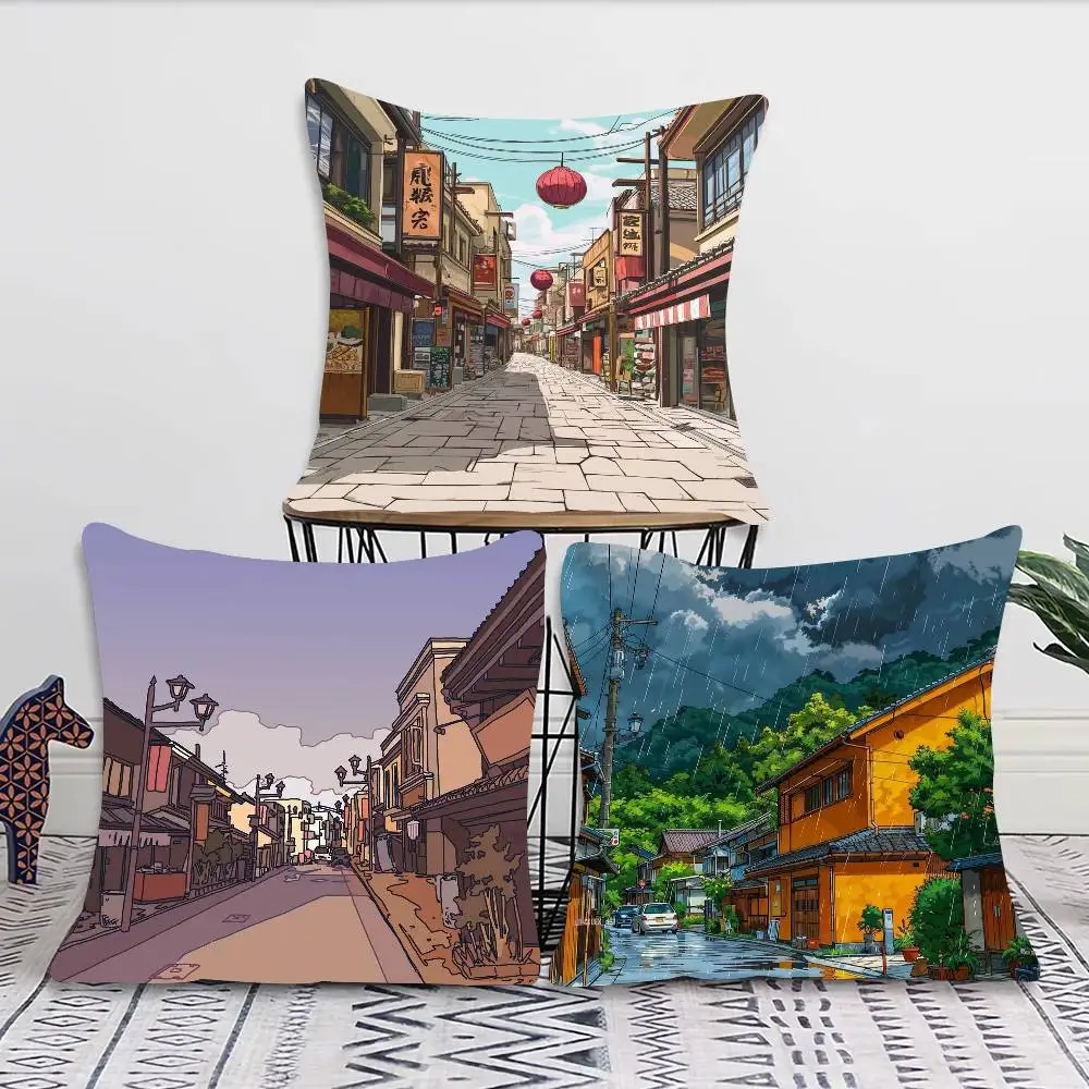Cartoon View Street Anime Pillow Case Fashion Square Pillowcase Bedroom Sofa Room Ins Decoration Leisure