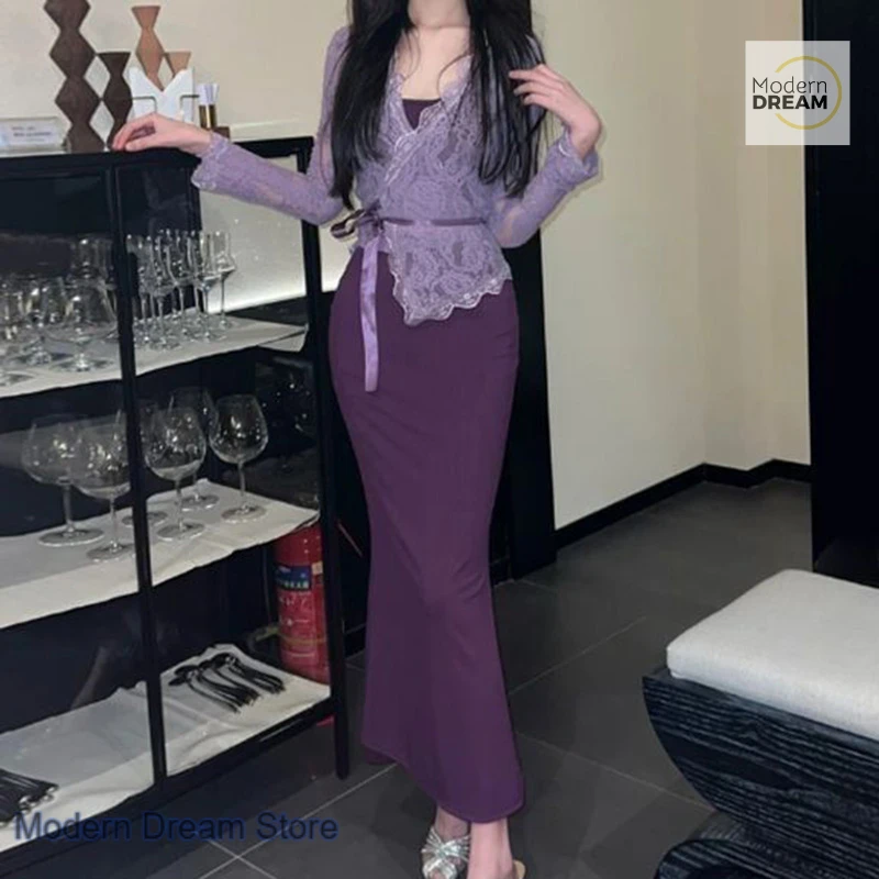 

Korean style sexy purple suspender dress two-piece women's spring and summer new lace long-sleeved cardigan casual top suit