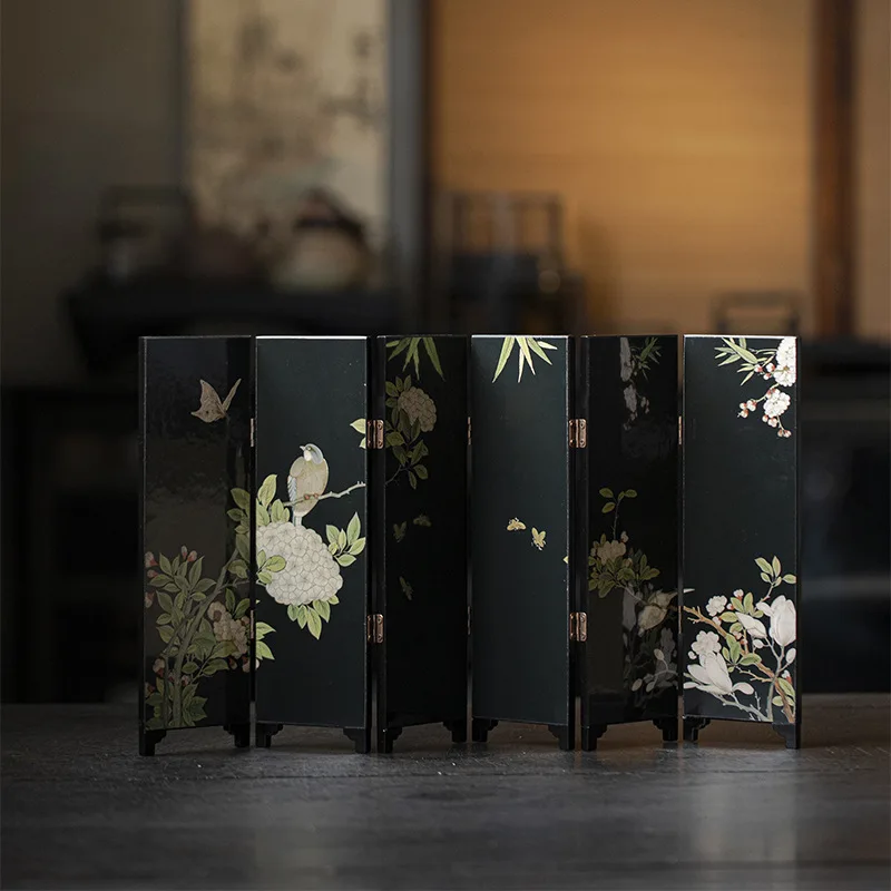 Vintage Chinese Table Screen Tea Table Decor Lacquer Wood Partition Display Stand Tea Ceremony Accessory