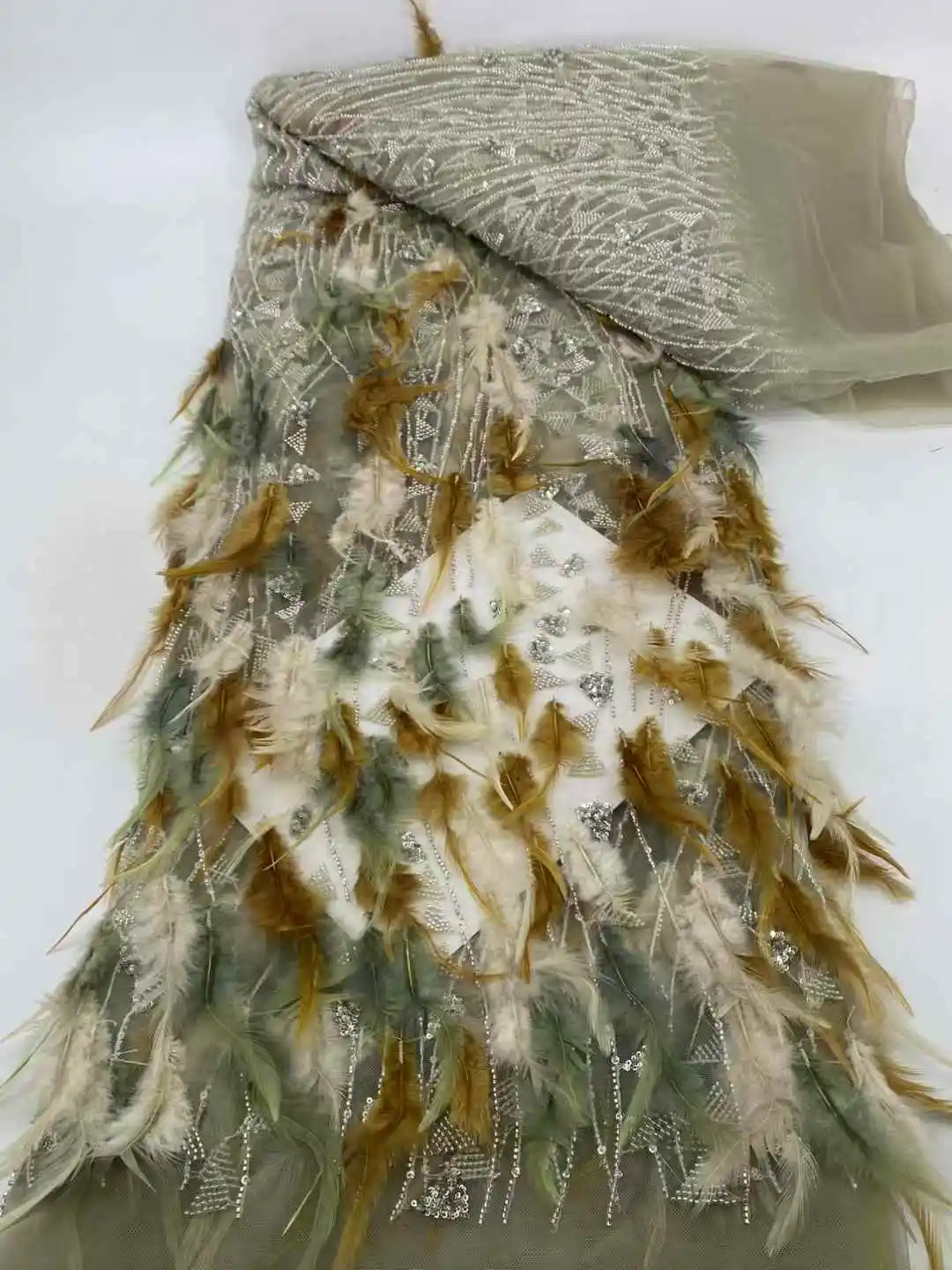 3D 깃털 자수와 아름다운 수제 깃털 프랑스 메쉬 원사 레이스 아프리카 나이지리아 패브릭 이브닝 드레스 결혼식