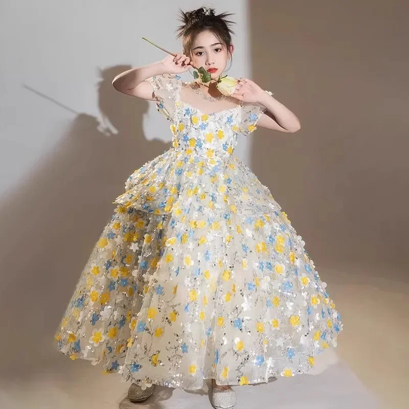 

Bubble Sleeve Princess Dress Flower Girl Wedding Gown KidsFormal Clothes Dresses Birthday Party Host Piano Recital Elegant