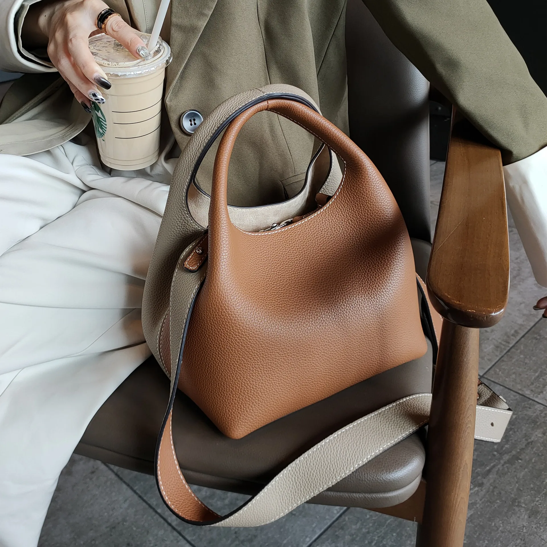 Thick Cowhide Leather Women Shoulder Crossbody Bag Ladies Hand Bag New Fashion Designer Bucket Basket Shopper Tote 100% Natural