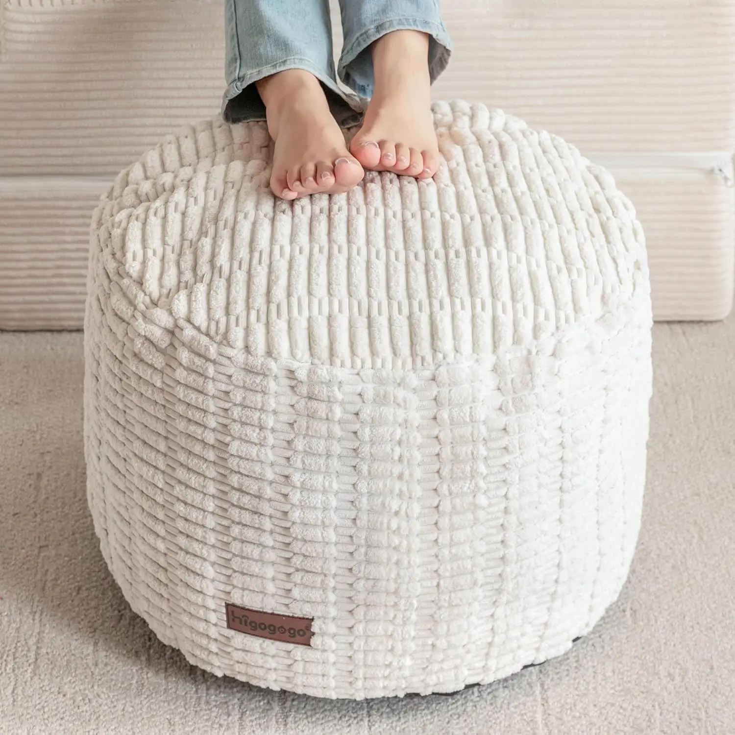 

Modern Round Foam Filled Pouf Ottoman Foot Rest for Living Room, Beige, 20x15 Inches, Boho Decorative Stool