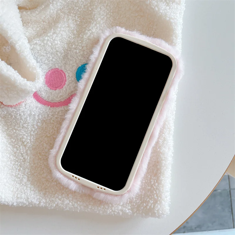 Cartoons Graffiti Rabbit Phone Case For iPhone 16 Pro 15 Plus 11 12 13 14 Pro Max Fluffy Shockproof Cover Kawaii Protection Case