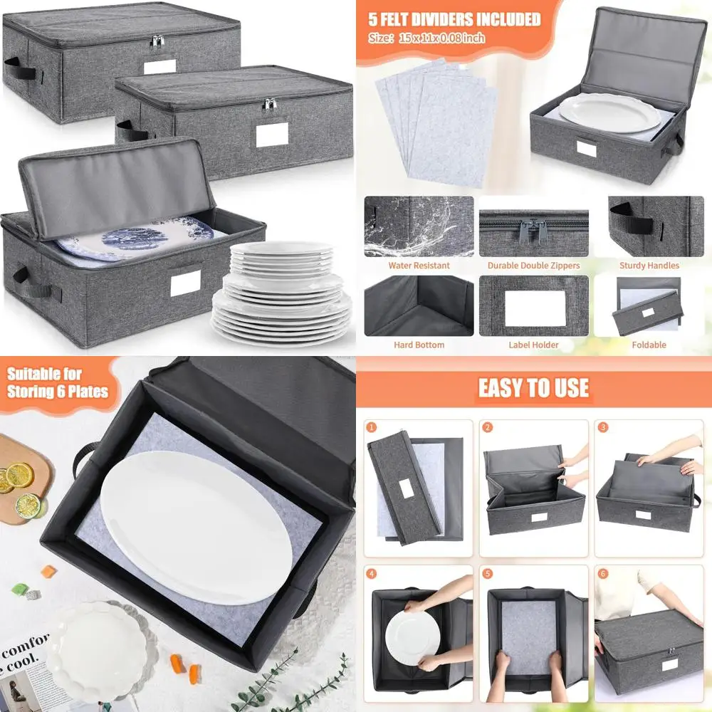 Stackable Hard Shell China Storage Box Set, 17x13x6 Inches, for Moving Supplies with 3 Pcs Platter Holder