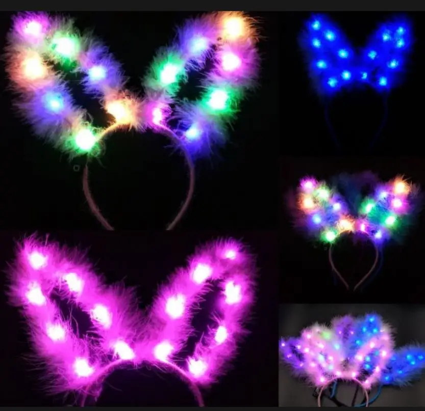 

50pcs LED Flashing feather Rabbit Ears Headband Bunny Light Up Hairband Headwear Glowing Hoop Wedding Birthday Party gift