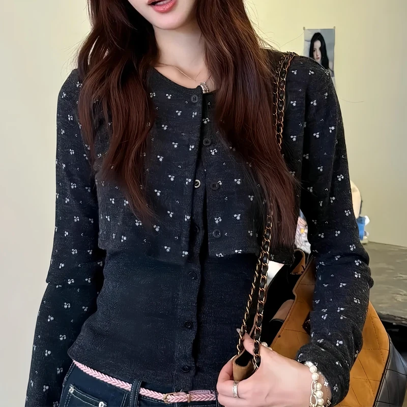 Two-piece Long Sleeve T-shirts Stars Printed Tops Fashion Knitted Cardigans Dark Grey Slim-fit T-shirts Girls Preppy Cropped Top