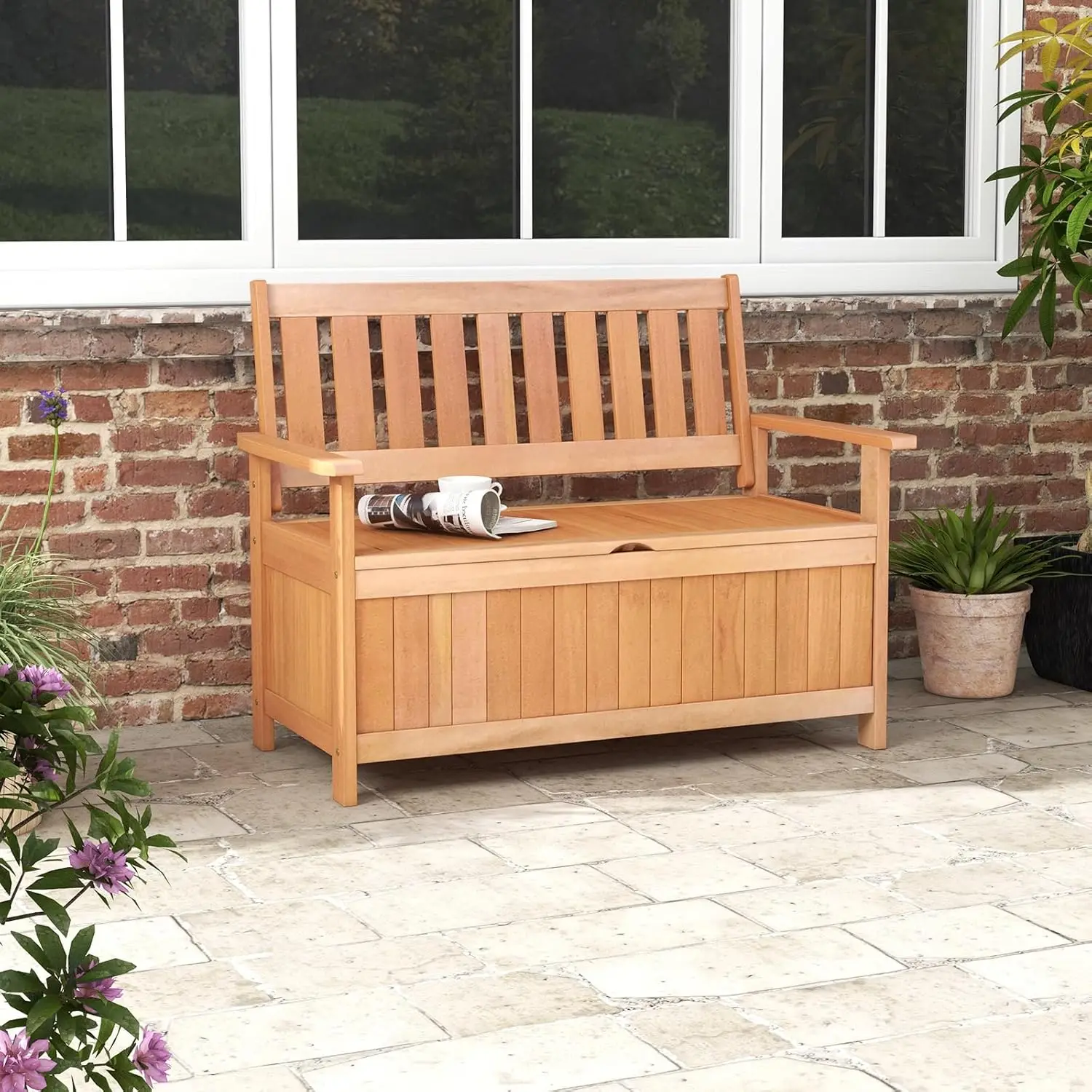 Banc de rangement en bois pour causeuse, grande boîte de pont d'entrée avec arrière-plans à lattes, siège de rangement en bois pour arrière-cour