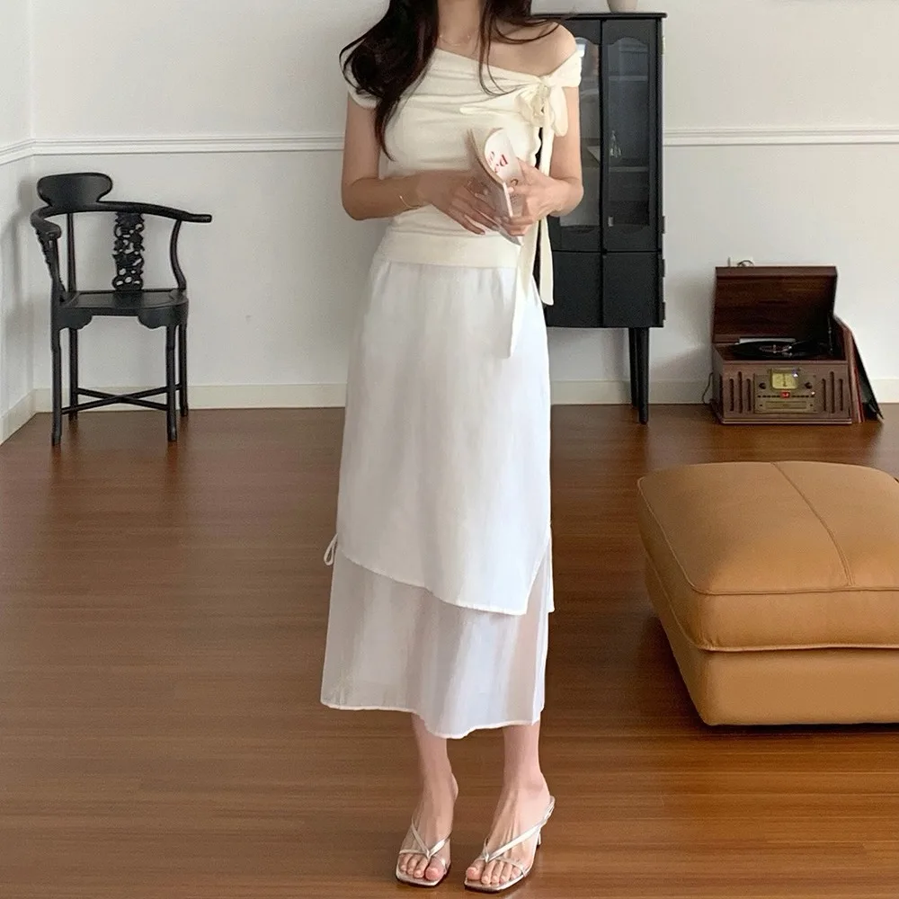 Elegant High Waist Pleated Long Skirt Semi-Body Skirt with Belt Autumn Collection Polyester Fiber Standard Fit Pure Color