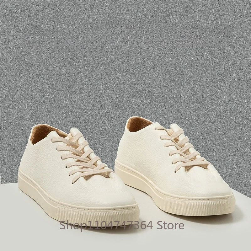 Designer Genuine Leather Casual Shoes Men's White Sneakers Thick Sole Premium Cowhide Breathable Walking Sport Shoes Male Flats